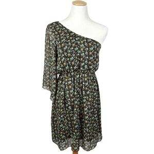 Y2K Brown & Aqua Floral Chiffon Fully Lined One Shoulder Dress Size Large